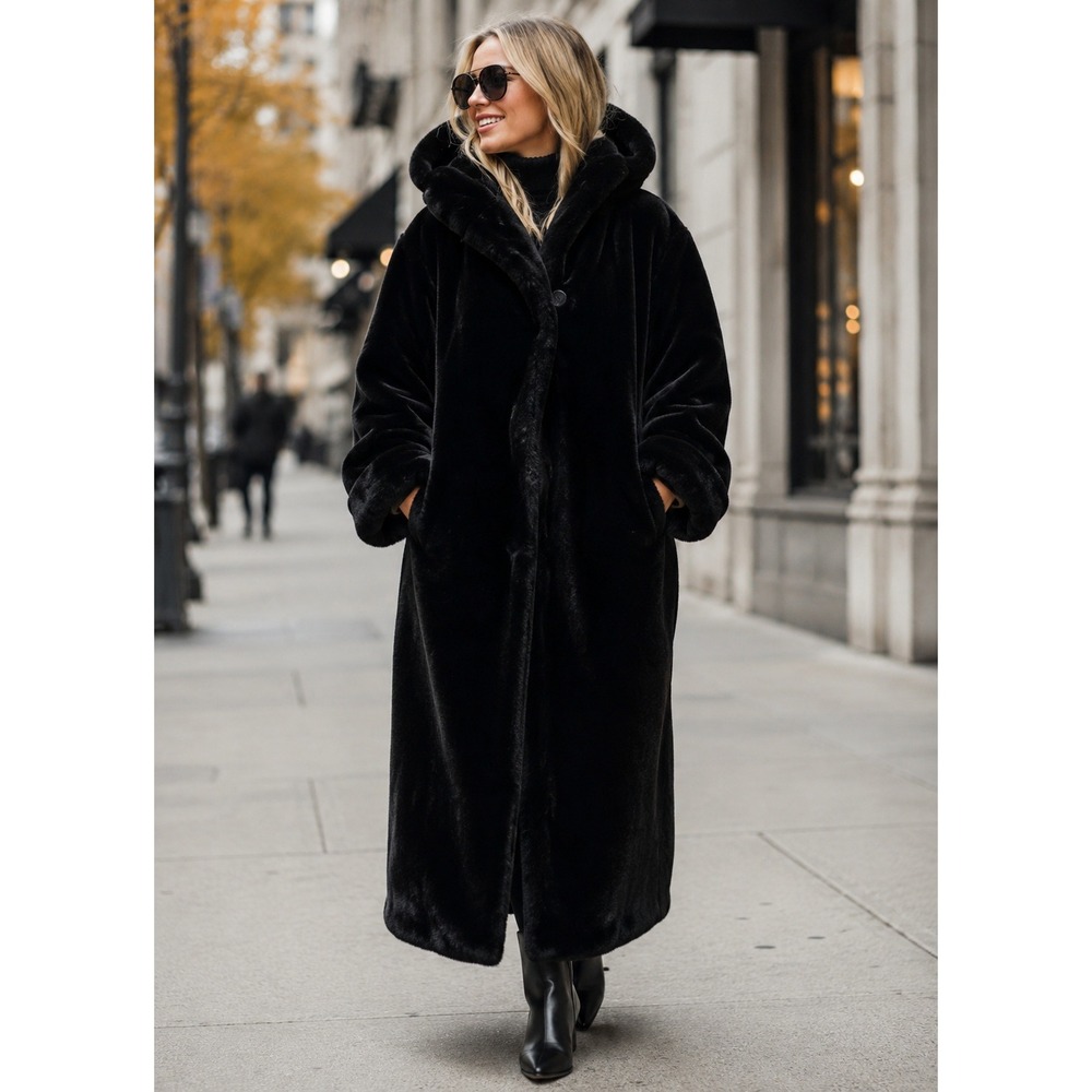 Monterey Fashions Black Faux Fur Hooded Full Length Coat Made in USA Medium